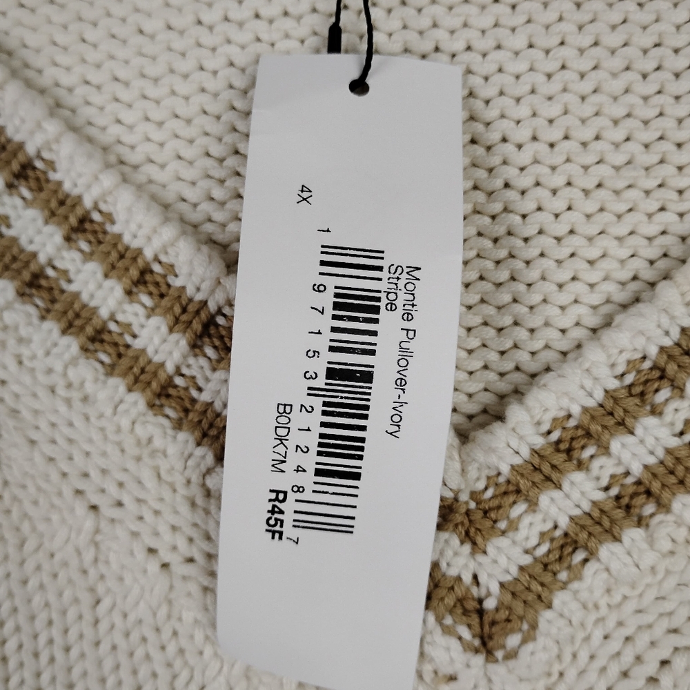 NWT The Drop Chunky Knit V- Neck Sweater In Cream With Tan Stripe Accents 4X - Picture 6 of 7